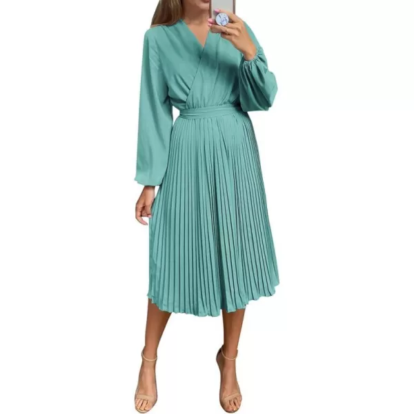 imagePRETTYGARDEN Womens Spring Midi Dress Long Puff Sleeve Wrap V Neck Flowy Ruffle Pleated Casual Fall DressesCyan