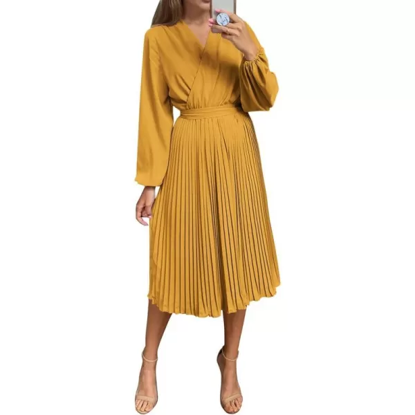 imagePRETTYGARDEN Womens Spring Midi Dress Long Puff Sleeve Wrap V Neck Flowy Ruffle Pleated Casual Fall DressesYellow
