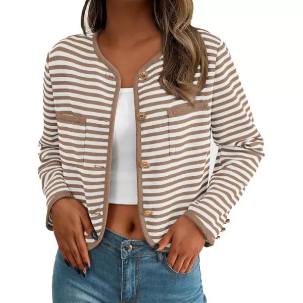 imagePRETTYGARDEN Womens Striped Cardigan Jacket Casual Long Sleeve Knit Button Down Shirts Fall Winter OuterwearKhaki