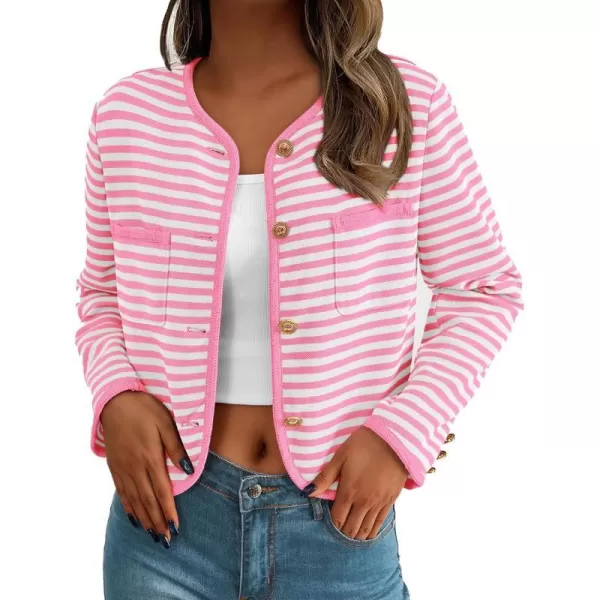imagePRETTYGARDEN Womens Striped Cardigan Jacket Casual Long Sleeve Knit Button Down Shirts Fall Winter OuterwearPink