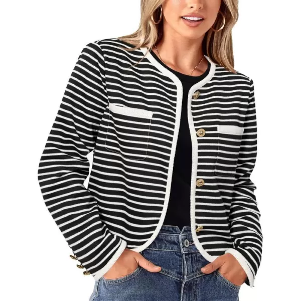 imagePRETTYGARDEN Womens Striped Cardigan Jacket Casual Long Sleeve Knit Button Down Shirts Fall Winter OuterwearWide Striped Black