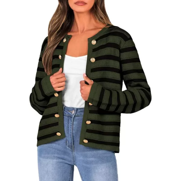 imagePRETTYGARDEN Womens Striped Cardigan Sweaters Ribbed Knit Long Sleeve Open Front Crewneck Casual JacketsArmy Green