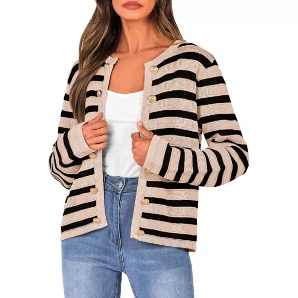 imagePRETTYGARDEN Womens Striped Cardigan Sweaters Ribbed Knit Long Sleeve Open Front Crewneck Casual JacketsBeige