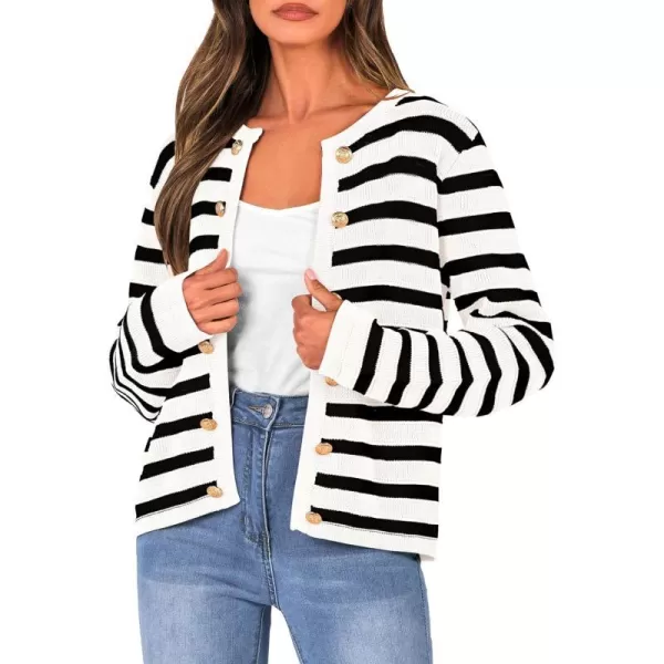 imagePRETTYGARDEN Womens Striped Cardigan Sweaters Ribbed Knit Long Sleeve Open Front Crewneck Casual JacketsBlack