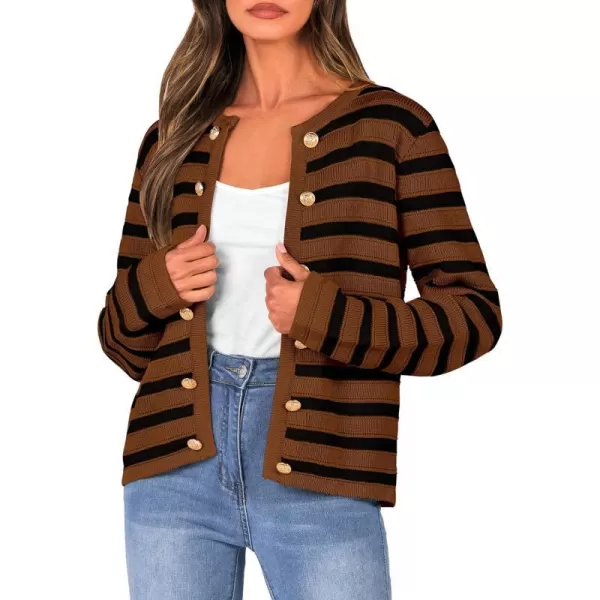 imagePRETTYGARDEN Womens Striped Cardigan Sweaters Ribbed Knit Long Sleeve Open Front Crewneck Casual JacketsCamel
