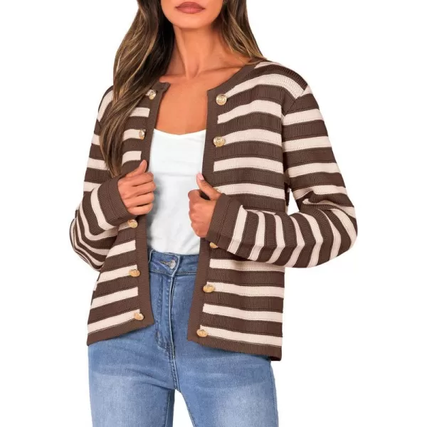 imagePRETTYGARDEN Womens Striped Cardigan Sweaters Ribbed Knit Long Sleeve Open Front Crewneck Casual JacketsCoffee