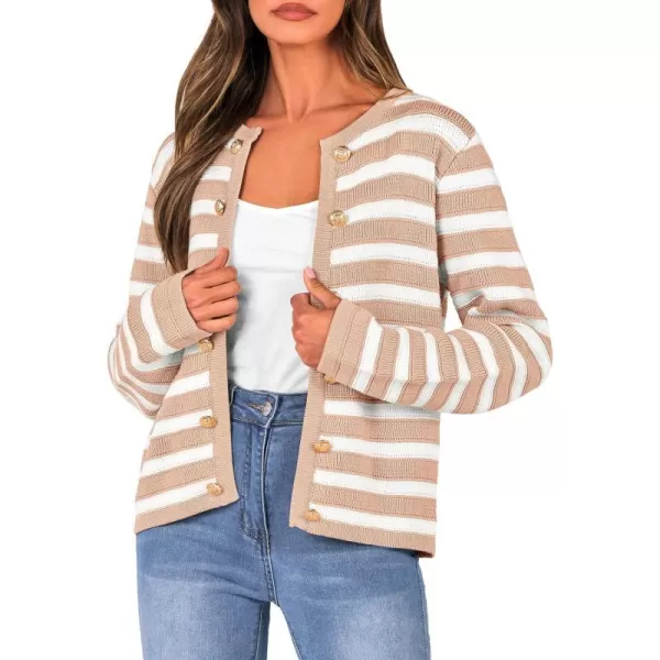 imagePRETTYGARDEN Womens Striped Cardigan Sweaters Ribbed Knit Long Sleeve Open Front Crewneck Casual JacketsKhaki