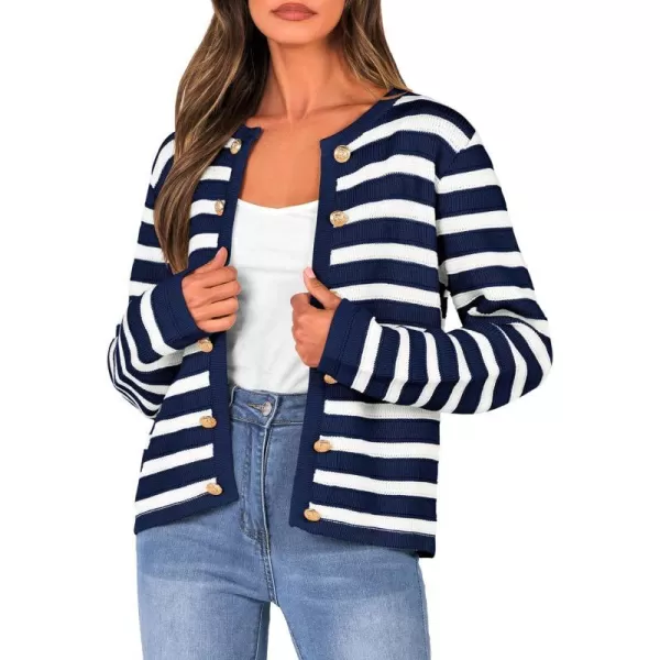 imagePRETTYGARDEN Womens Striped Cardigan Sweaters Ribbed Knit Long Sleeve Open Front Crewneck Casual JacketsNavy