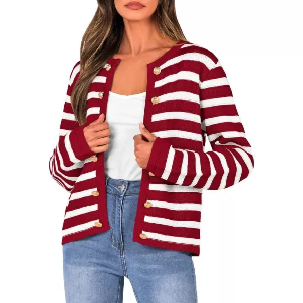 imagePRETTYGARDEN Womens Striped Cardigan Sweaters Ribbed Knit Long Sleeve Open Front Crewneck Casual JacketsWine Red