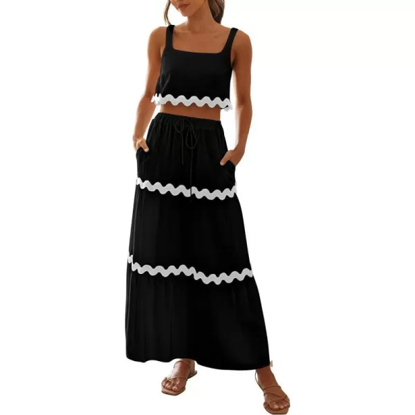 imagePRETTYGARDEN Womens Summer 2 Piece Beach Outfit Casual Sleeveless Cropped Tank Top High Waisted Maxi Skirt SetBlack