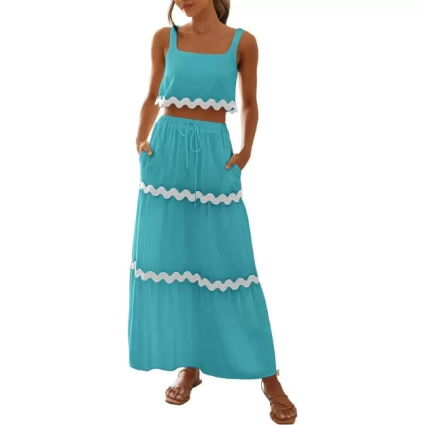 imagePRETTYGARDEN Womens Summer 2 Piece Beach Outfit Casual Sleeveless Cropped Tank Top High Waisted Maxi Skirt SetLake Blue