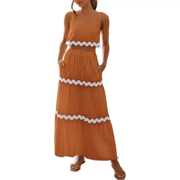 imagePRETTYGARDEN Womens Summer 2 Piece Beach Outfit Casual Sleeveless Cropped Tank Top High Waisted Maxi Skirt SetLight Brown