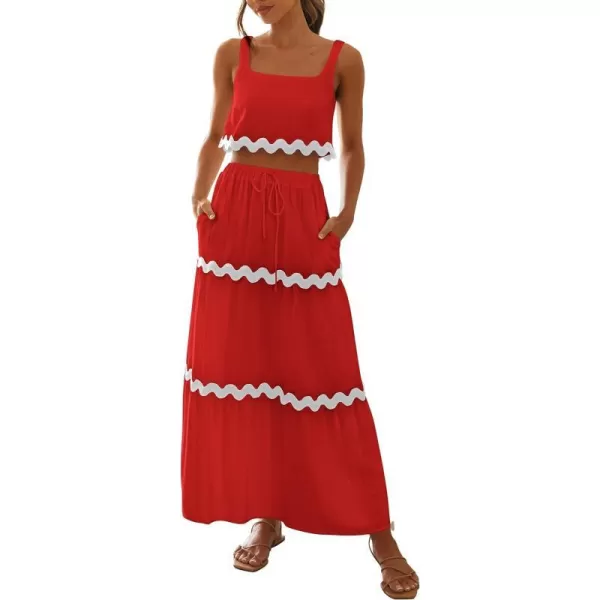 imagePRETTYGARDEN Womens Summer 2 Piece Beach Outfit Casual Sleeveless Cropped Tank Top High Waisted Maxi Skirt SetRed