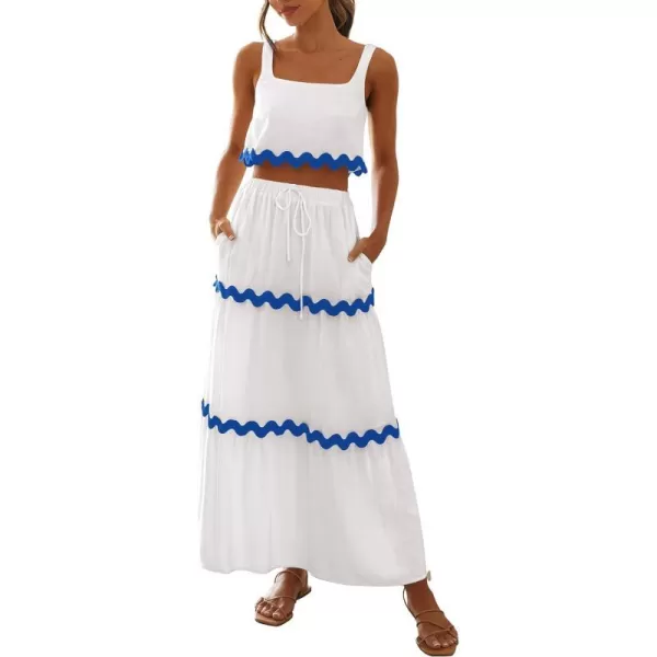 imagePRETTYGARDEN Womens Summer 2 Piece Beach Outfit Casual Sleeveless Cropped Tank Top High Waisted Maxi Skirt SetWhite Blue