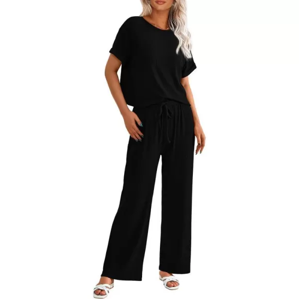 imagePRETTYGARDEN Womens Summer 2 Piece Knit Loungewear Short Sleeve T Shirts Wide Leg Pants Tracksuit Casual OutfitsBlack