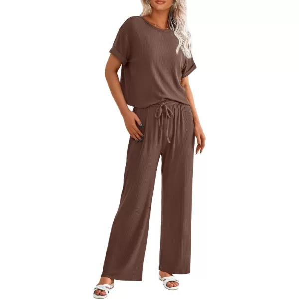 imagePRETTYGARDEN Womens Summer 2 Piece Knit Loungewear Short Sleeve T Shirts Wide Leg Pants Tracksuit Casual OutfitsCoffee