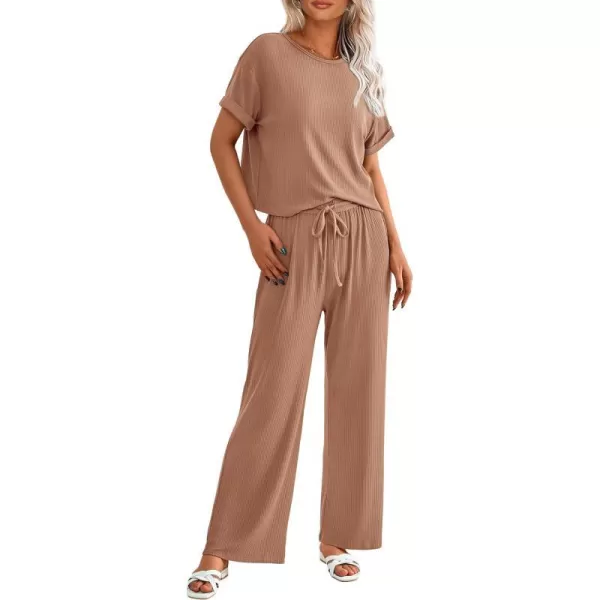 imagePRETTYGARDEN Womens Summer 2 Piece Knit Loungewear Short Sleeve T Shirts Wide Leg Pants Tracksuit Casual OutfitsKhaki