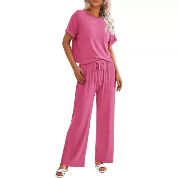 imagePRETTYGARDEN Womens Summer 2 Piece Knit Loungewear Short Sleeve T Shirts Wide Leg Pants Tracksuit Casual OutfitsPink