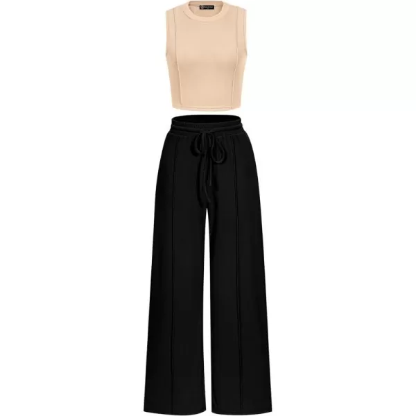 imagePRETTYGARDEN Womens Summer 2 Piece Loungewear Set Cropped Tank Top Wide Leg Sweatpants Tracksuit Casual OutfitsApricot Black