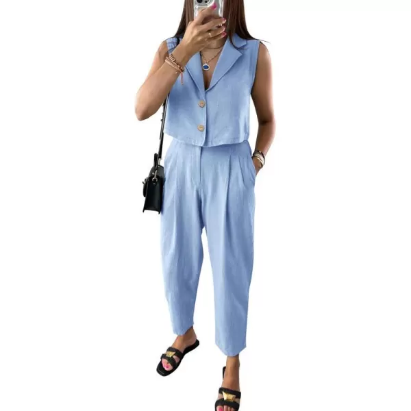 imagePRETTYGARDEN Womens Summer 2 Piece Outfit Casual Button V Neck Cropped Vest Tops High Waisted Pants Suit SetBlue
