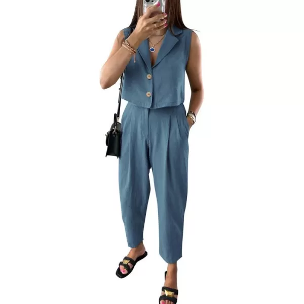 imagePRETTYGARDEN Womens Summer 2 Piece Outfit Casual Button V Neck Cropped Vest Tops High Waisted Pants Suit SetGrey Blue