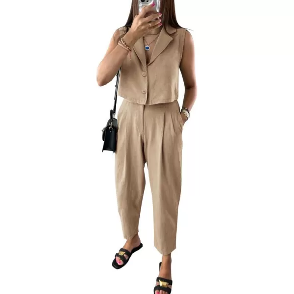 imagePRETTYGARDEN Womens Summer 2 Piece Outfit Casual Button V Neck Cropped Vest Tops High Waisted Pants Suit SetKhaki