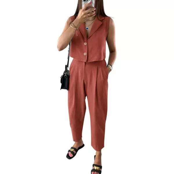 imagePRETTYGARDEN Womens Summer 2 Piece Outfit Casual Button V Neck Cropped Vest Tops High Waisted Pants Suit SetRust Red