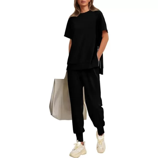 imagePRETTYGARDEN Womens Summer 2 Piece Outfit Tracksuits Casual Short Sleeve Tops High Waisted Sweatpants SetBlack