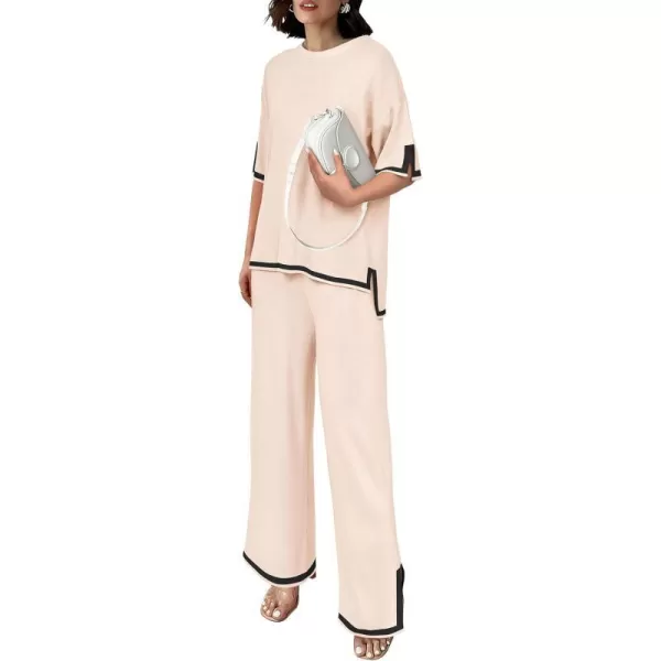imagePRETTYGARDEN Womens Summer 2 Piece Outfits Casual Short Sleeve Knit Sweater Tops Wide Leg Pants Lounge Sets TracksuitsBeige