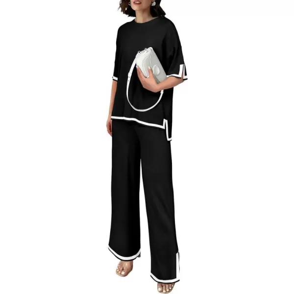 imagePRETTYGARDEN Womens Summer 2 Piece Outfits Casual Short Sleeve Knit Sweater Tops Wide Leg Pants Lounge Sets TracksuitsBlack