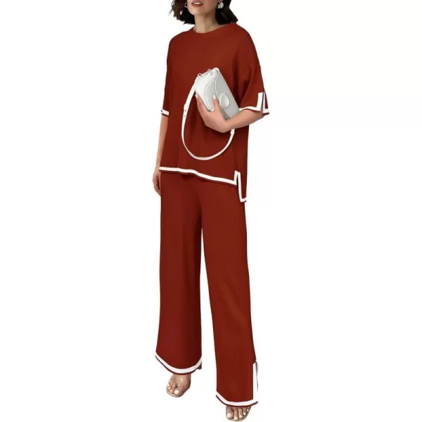 imagePRETTYGARDEN Womens Summer 2 Piece Outfits Casual Short Sleeve Knit Sweater Tops Wide Leg Pants Lounge Sets TracksuitsBrick Red