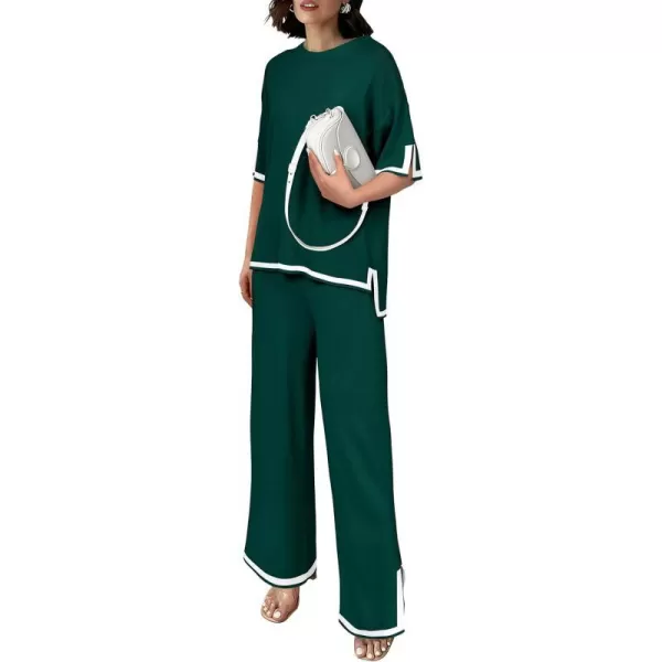 imagePRETTYGARDEN Womens Summer 2 Piece Outfits Casual Short Sleeve Knit Sweater Tops Wide Leg Pants Lounge Sets TracksuitsDark Green