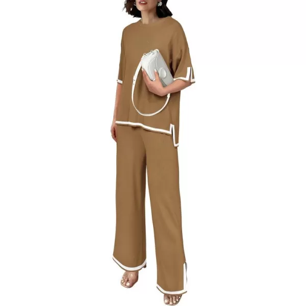 imagePRETTYGARDEN Womens Summer 2 Piece Outfits Casual Short Sleeve Knit Sweater Tops Wide Leg Pants Lounge Sets TracksuitsKhaki