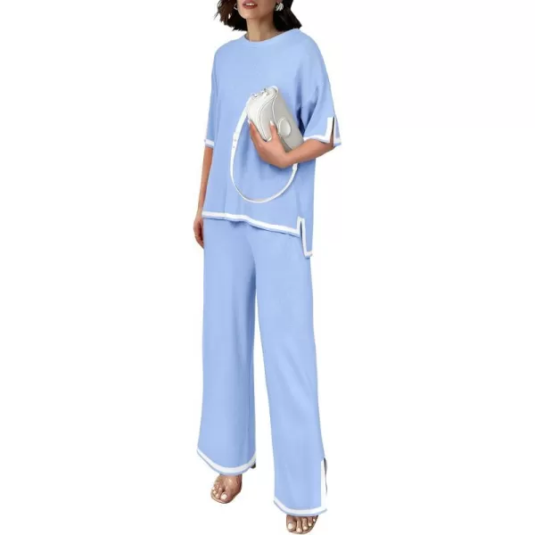 imagePRETTYGARDEN Womens Summer 2 Piece Outfits Casual Short Sleeve Knit Sweater Tops Wide Leg Pants Lounge Sets TracksuitsLight Blue