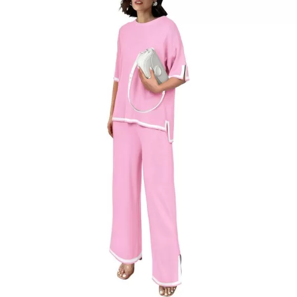 imagePRETTYGARDEN Womens Summer 2 Piece Outfits Casual Short Sleeve Knit Sweater Tops Wide Leg Pants Lounge Sets TracksuitsPink