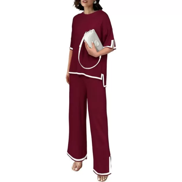 imagePRETTYGARDEN Womens Summer 2 Piece Outfits Casual Short Sleeve Knit Sweater Tops Wide Leg Pants Lounge Sets TracksuitsWine Red