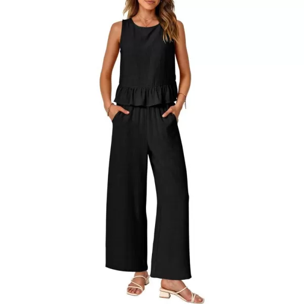 imagePRETTYGARDEN Womens Summer 2 Piece Outfits Casual Sleeveless Ruffle Tank Top and Wide Leg Pants Loungewear SetBlack