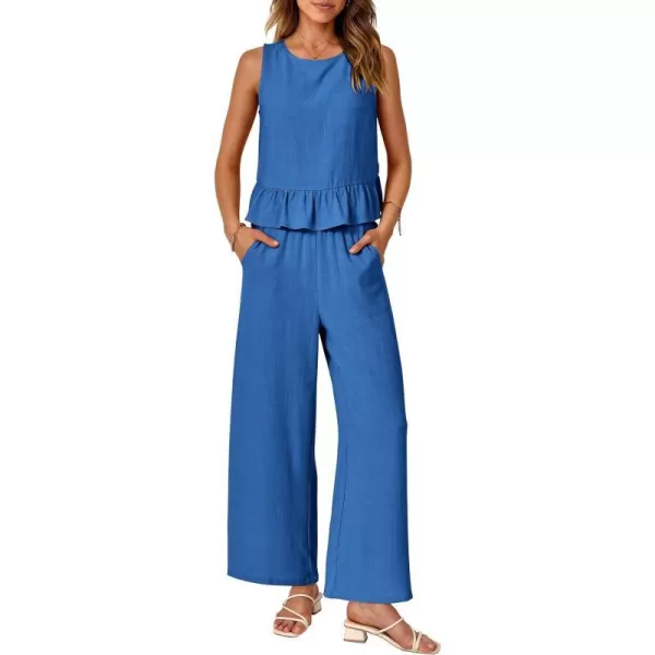 imagePRETTYGARDEN Womens Summer 2 Piece Outfits Casual Sleeveless Ruffle Tank Top and Wide Leg Pants Loungewear SetBlue