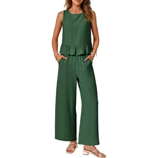 imagePRETTYGARDEN Womens Summer 2 Piece Outfits Casual Sleeveless Ruffle Tank Top and Wide Leg Pants Loungewear SetGreen
