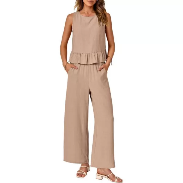 imagePRETTYGARDEN Womens Summer 2 Piece Outfits Casual Sleeveless Ruffle Tank Top and Wide Leg Pants Loungewear SetKhaki