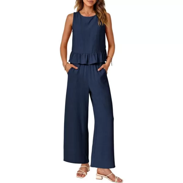 imagePRETTYGARDEN Womens Summer 2 Piece Outfits Casual Sleeveless Ruffle Tank Top and Wide Leg Pants Loungewear SetNavy