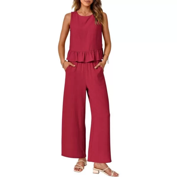 imagePRETTYGARDEN Womens Summer 2 Piece Outfits Casual Sleeveless Ruffle Tank Top and Wide Leg Pants Loungewear SetRed