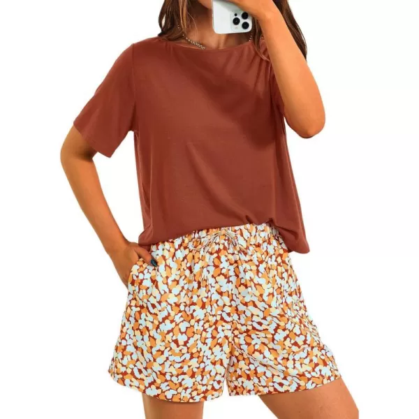 imagePRETTYGARDEN Womens Summer 2 Piece Outfits Lounge Sets Short Sleeve Tee Shirts Tops Blouses Pockets Printed Shorts TracksuitBrown