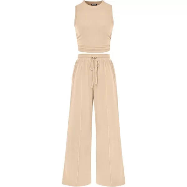 imagePRETTYGARDEN Womens Summer 2 Piece Outfits Ribbed Knit Lounge Sets Tracksuit Sleeveless Crop Tank Tops Wide Leg Casual PantsApricot