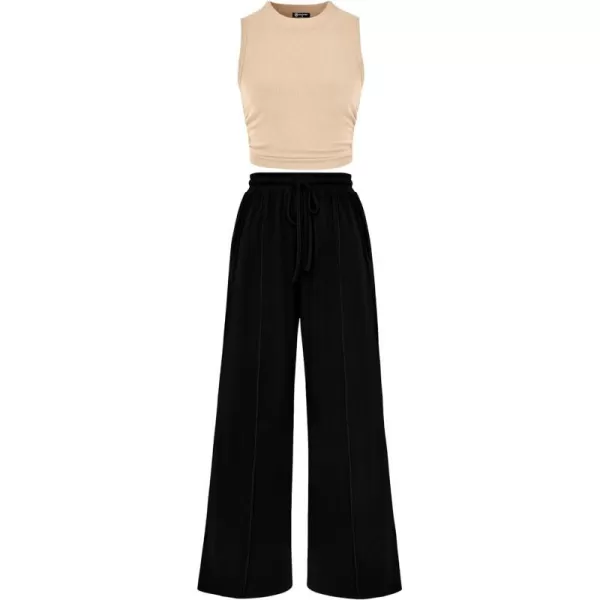 imagePRETTYGARDEN Womens Summer 2 Piece Outfits Ribbed Knit Lounge Sets Tracksuit Sleeveless Crop Tank Tops Wide Leg Casual PantsApricot Black
