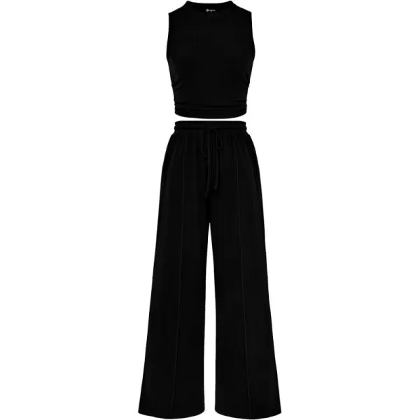 imagePRETTYGARDEN Womens Summer 2 Piece Outfits Ribbed Knit Lounge Sets Tracksuit Sleeveless Crop Tank Tops Wide Leg Casual PantsBlack