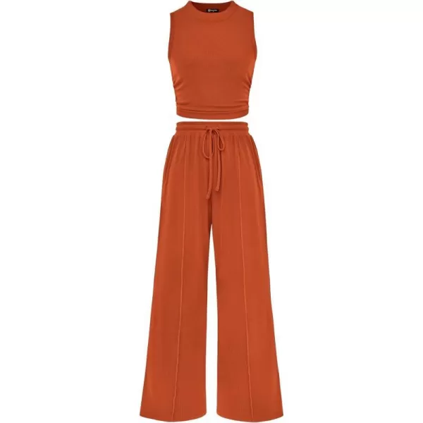 imagePRETTYGARDEN Womens Summer 2 Piece Outfits Ribbed Knit Lounge Sets Tracksuit Sleeveless Crop Tank Tops Wide Leg Casual PantsBrick Red