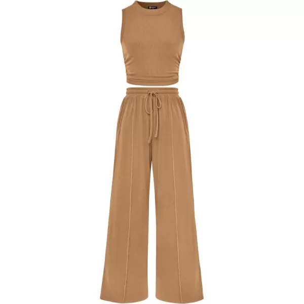 imagePRETTYGARDEN Womens Summer 2 Piece Outfits Ribbed Knit Lounge Sets Tracksuit Sleeveless Crop Tank Tops Wide Leg Casual PantsCamel