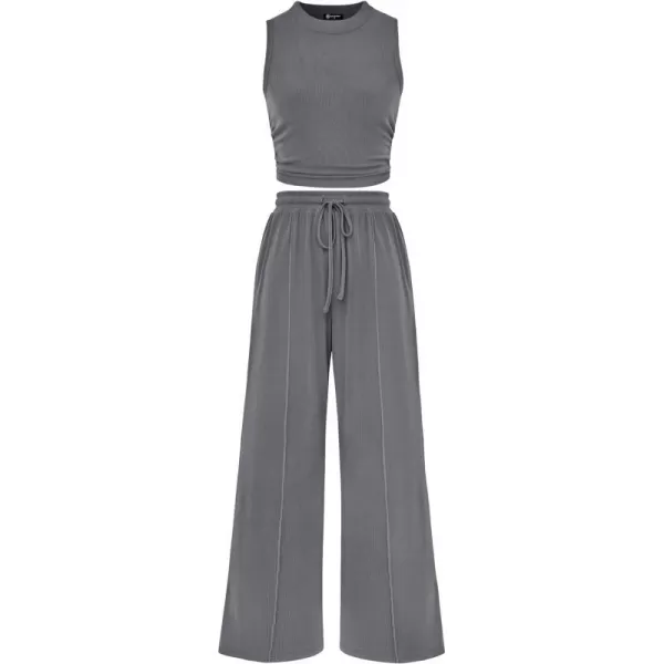imagePRETTYGARDEN Womens Summer 2 Piece Outfits Ribbed Knit Lounge Sets Tracksuit Sleeveless Crop Tank Tops Wide Leg Casual PantsGrey