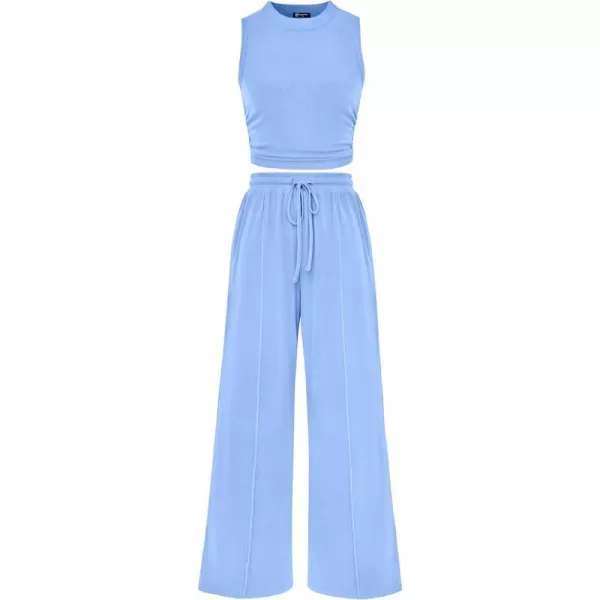 imagePRETTYGARDEN Womens Summer 2 Piece Outfits Ribbed Knit Lounge Sets Tracksuit Sleeveless Crop Tank Tops Wide Leg Casual PantsLight Blue